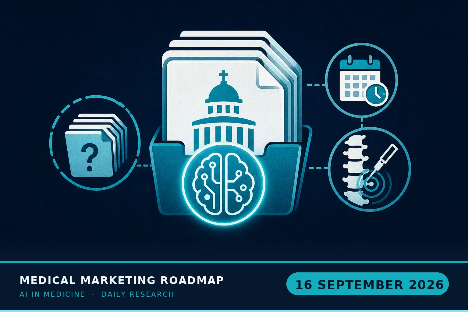 Medical Marketing Roadmap AI research illustration for September 16, 2026 — FOIA'd CMS records on the Medicare AI prior-auth pilot: several hundred requests still unanswered at the end of March, one of them 83 days old — and t