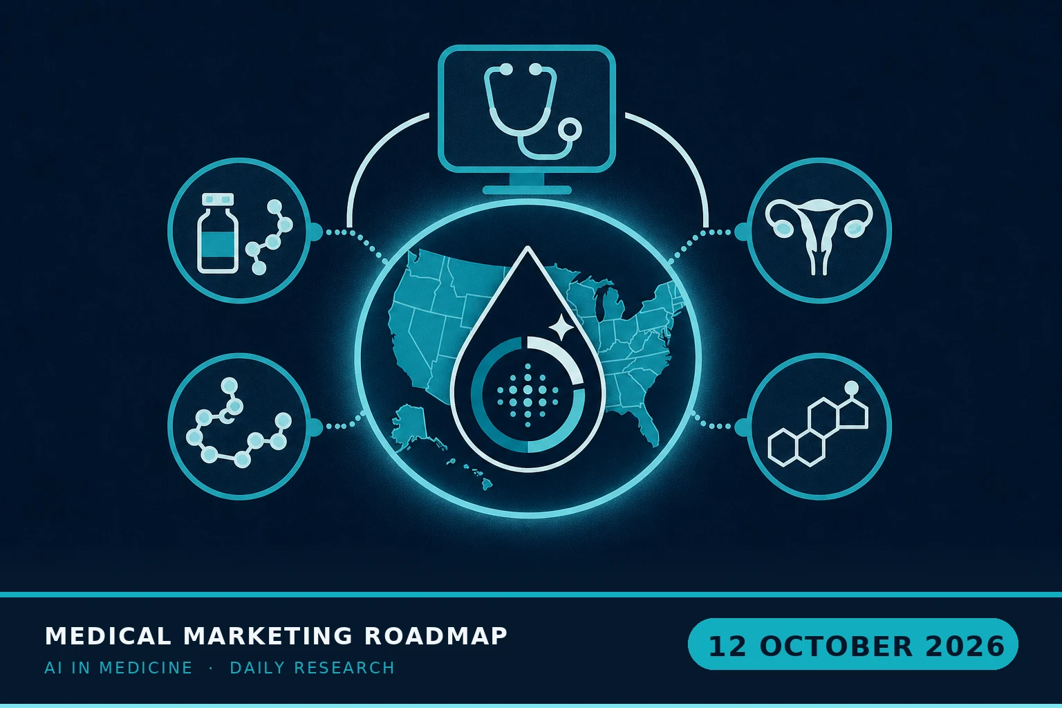 Medical Marketing Roadmap AI research illustration for October 12, 2026 — Deep Longevity is launching a 50-state telehealth service that uses an AI blood-age score to route patients into GLP-1s, peptides, HRT and testosteron