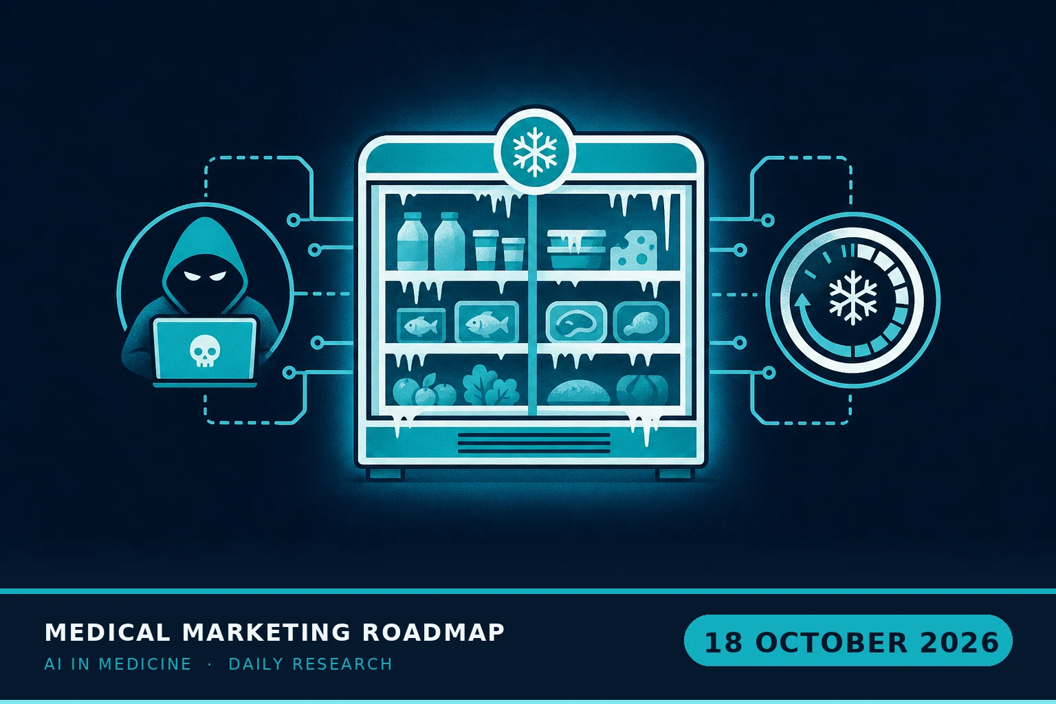Medical Marketing Roadmap AI research illustration for October 18, 2026 — Hackers stretched supermarket defrost cycles from one hour to eight, spoiling stock at roughly 700 French stores