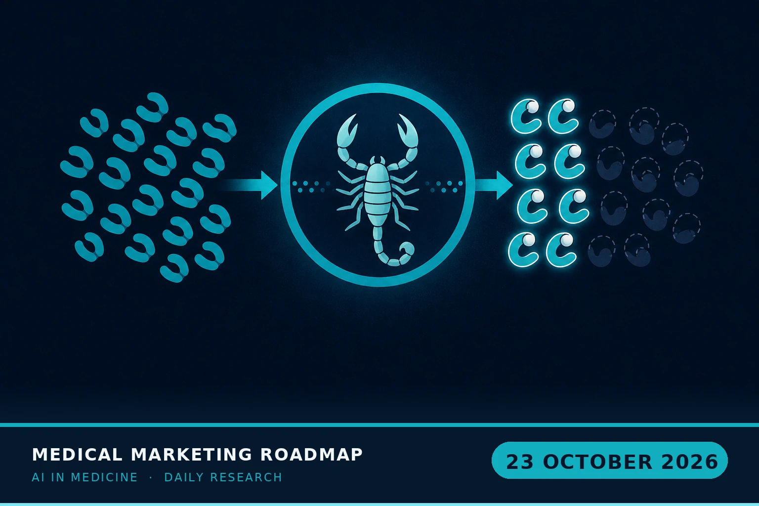 Medical Marketing Roadmap AI research illustration for October 23, 2026 — Claude designed 211 scorpion-toxin binders, 17 bound to target — and none are proven to neutralize venom