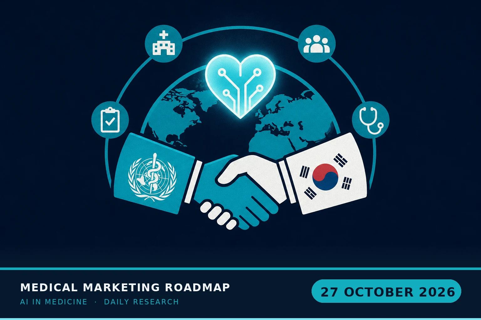 Medical Marketing Roadmap AI research illustration for October 27, 2026 — WHO and South Korea sign the first global healthcare-AI declaration — and Tedros says tools must be proven where they'll actually be used