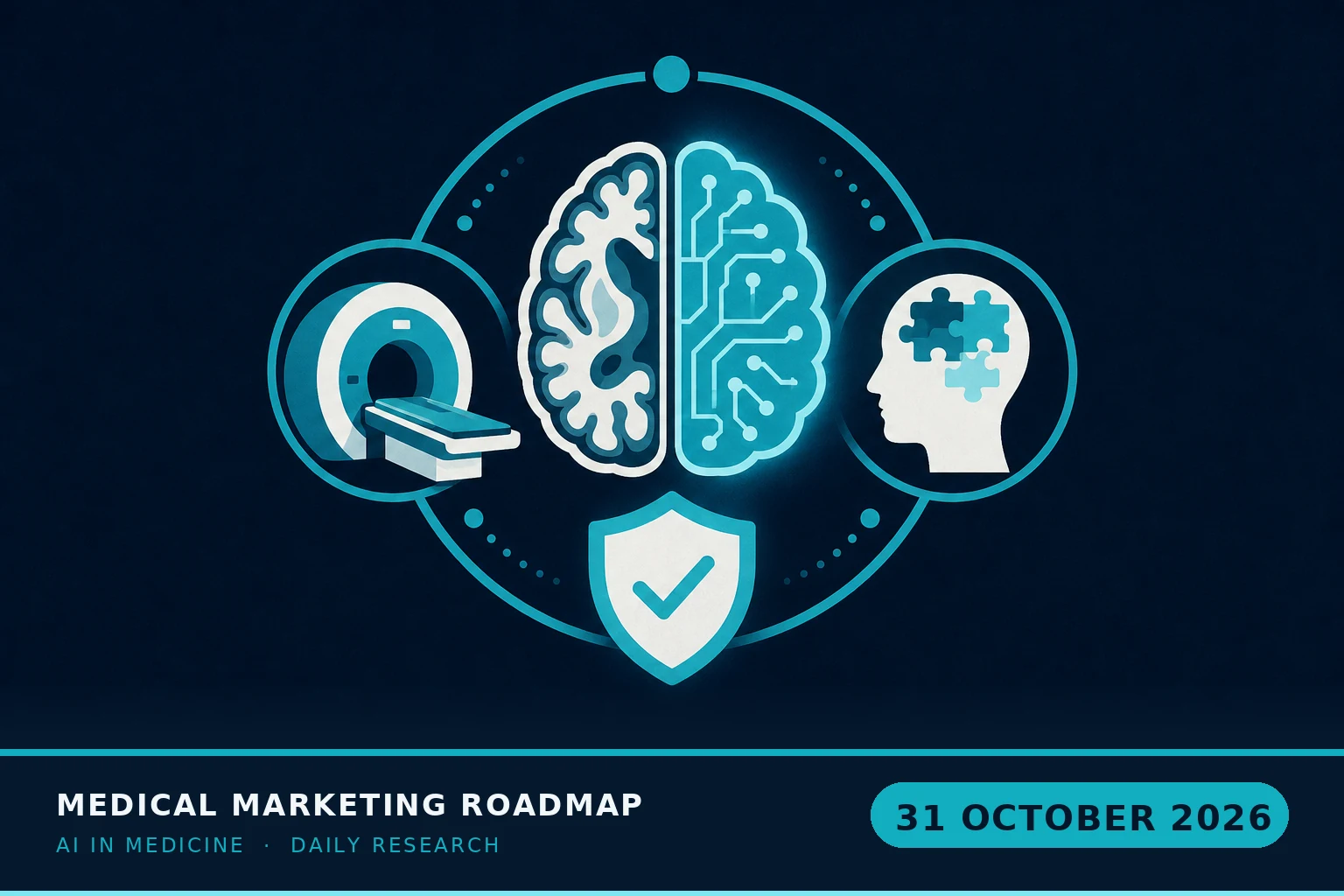 Medical Marketing Roadmap AI research illustration for October 31, 2026 — FDA clears NeuroXT's NEXT-Cue, an MRI-plus-cognition AI that estimates five-year Alzheimer's progression risk in MCI patients